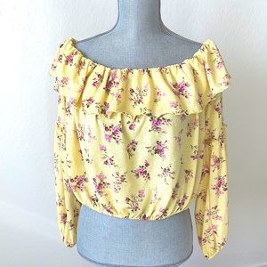 Forever 21 Off the Shoulder cropped yellow pink floral top sized 1X stretchy